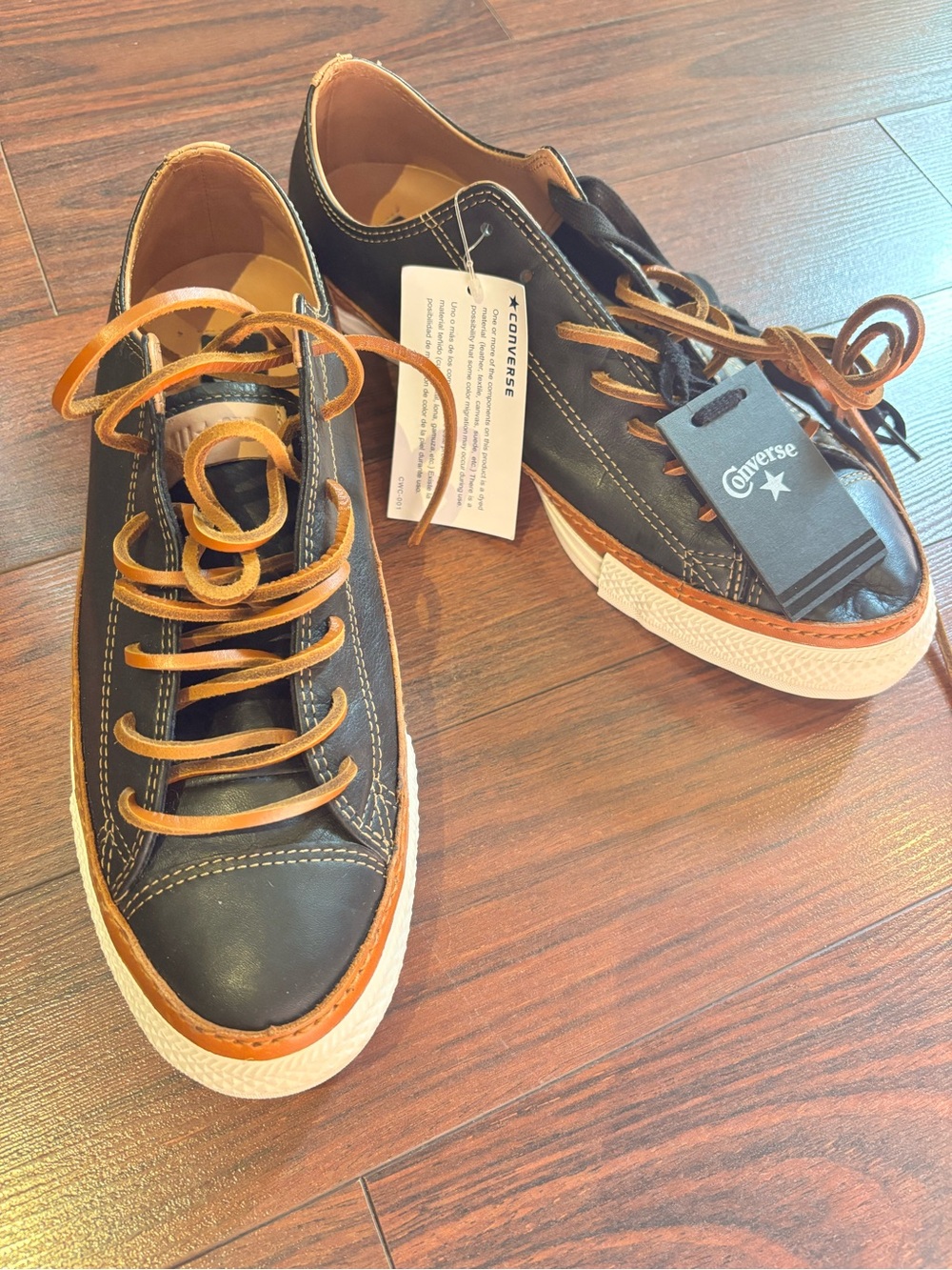 Converse Black Leather Low-Top Sneakers with Tan Accents